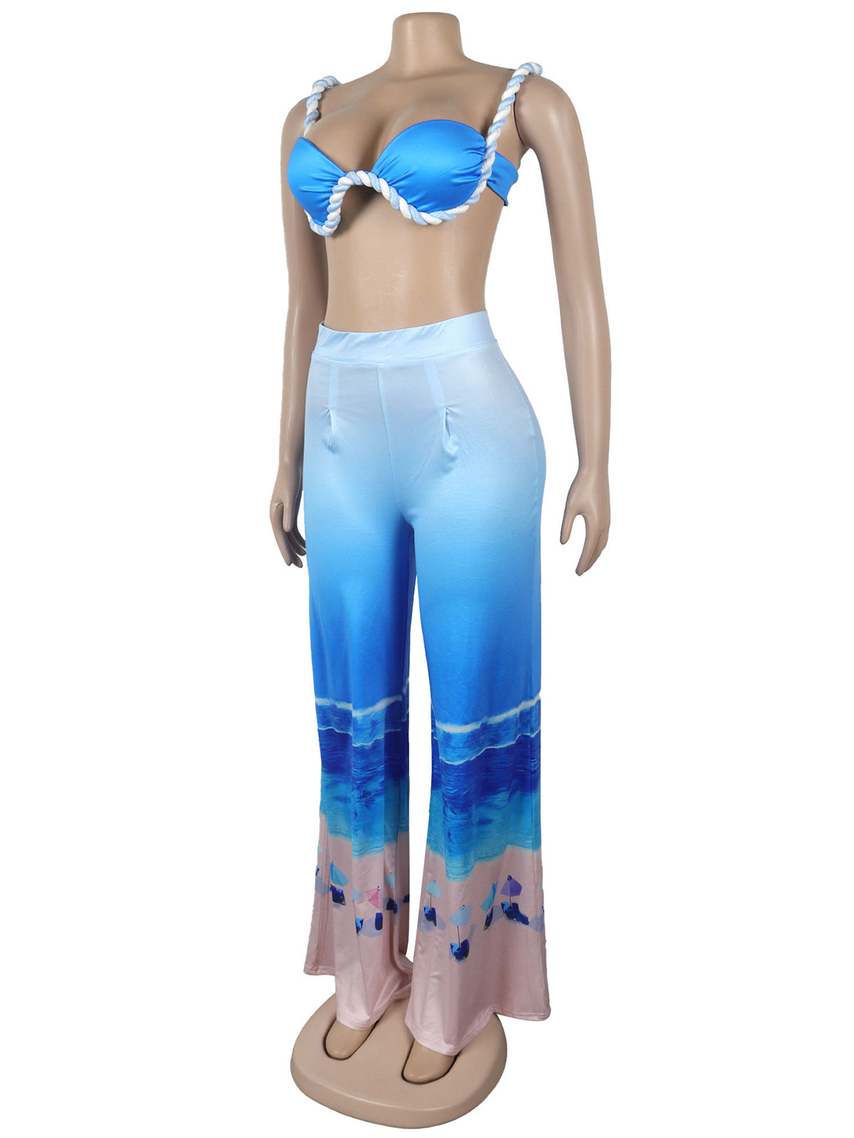 Casual Print Crop Top and Wide Leg Pants Vacation Sets