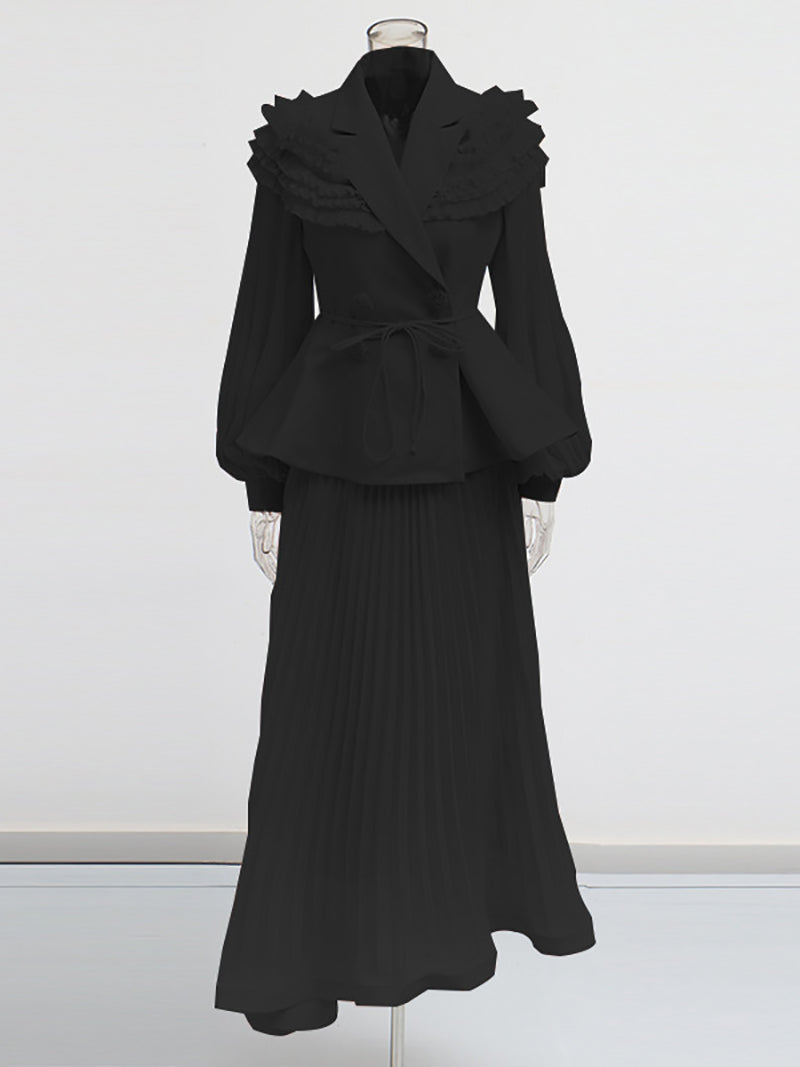 Boutique Lapel Full Sleeves Slim Top And Mesh Skirt Sets