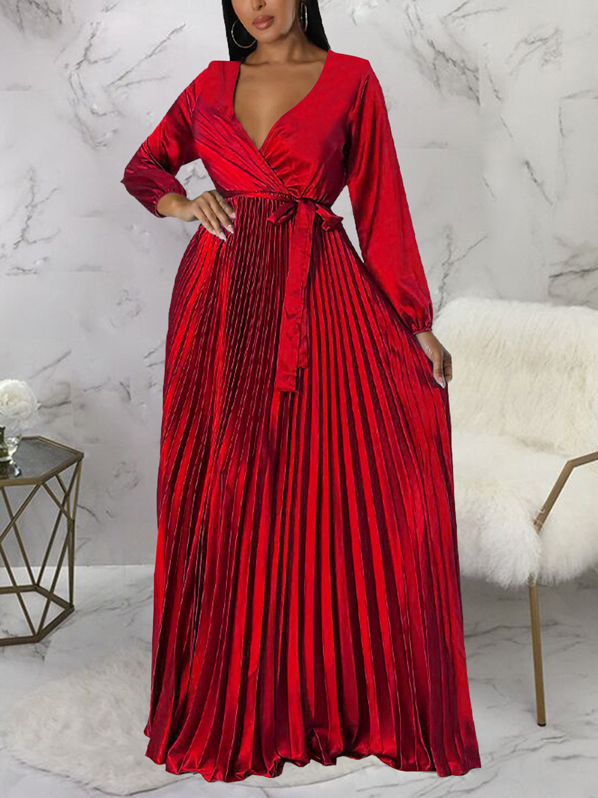 V Neck Cocktail Party Maxi Pleated Dress