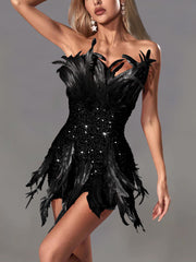 Strapless Feather Sequin Design Sexy Dress