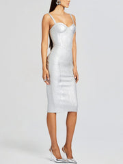 Sexy Coated Silver Sleeveless Knit Midi Dress