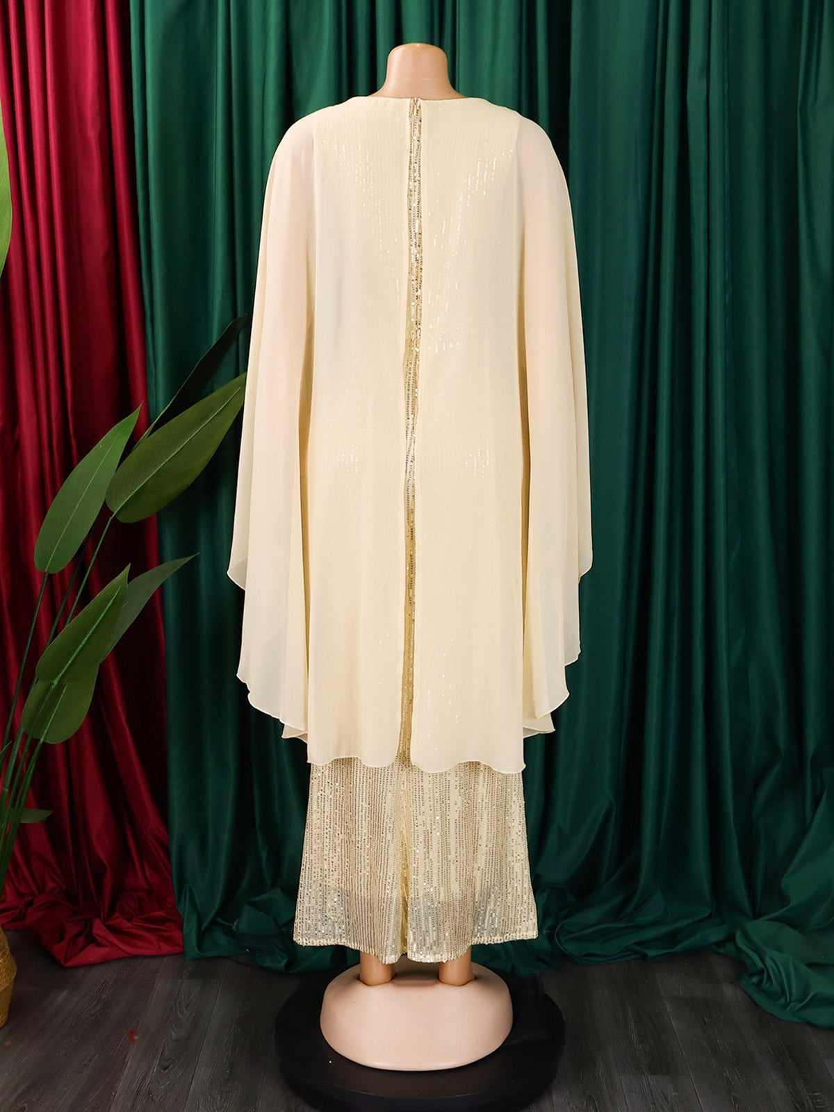 Chiffon Cape Sequin Elegant Party Gown