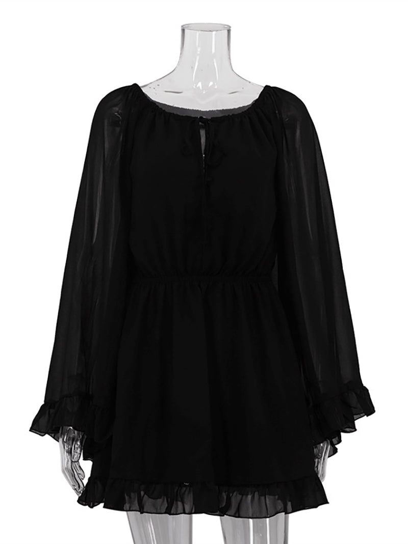 Casual V-neck Sheer Mesh High Waist Pleated Mini Dress