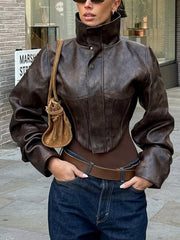 High Collar Corset Waist Faux Leather Jacket