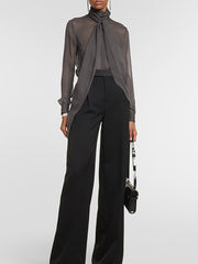 Fashion Ribbon See through Long Sleeve Silk Blouse