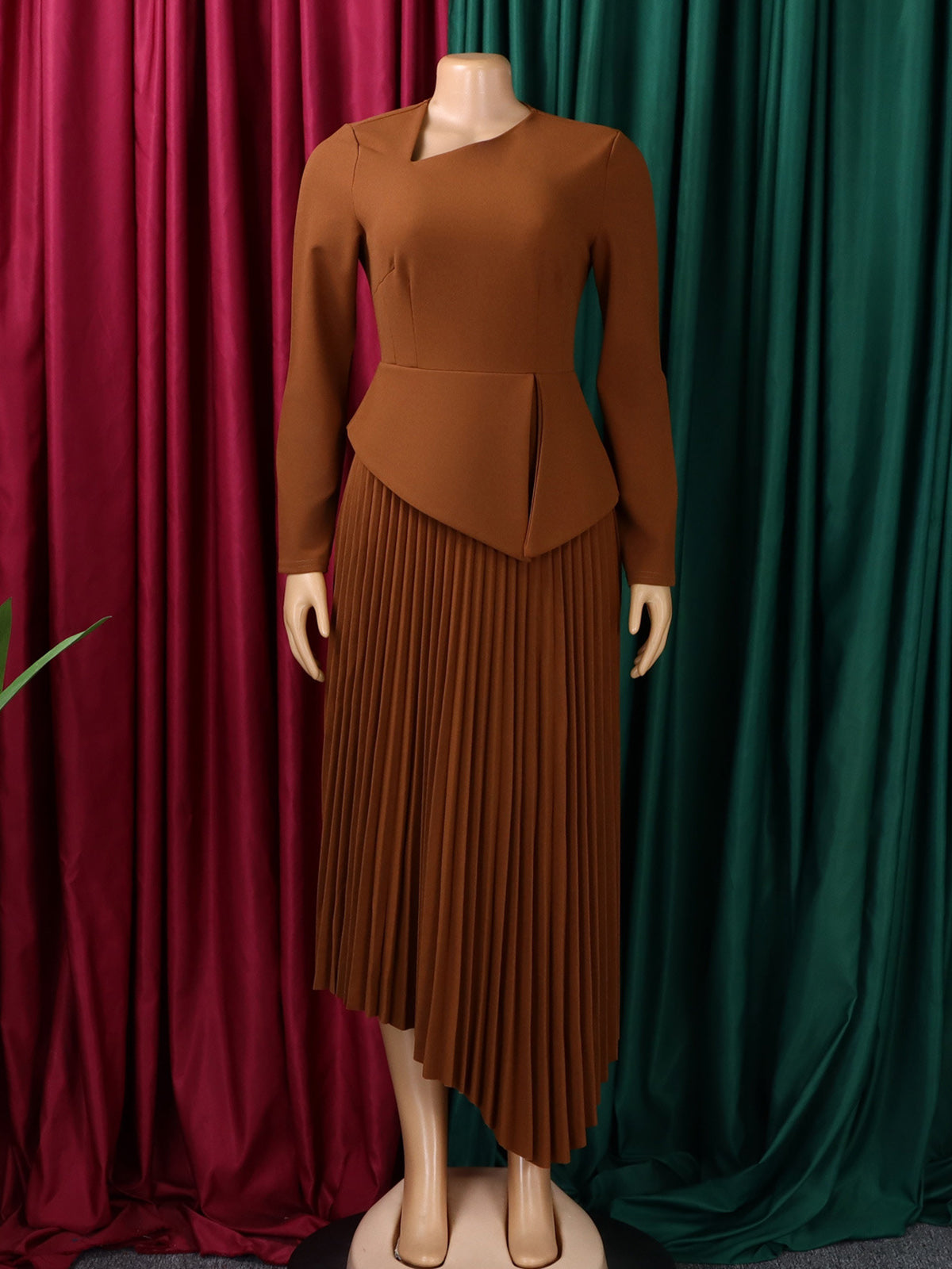 Elegant Slant Collar Asymmetrical Pleated Midi Dress
