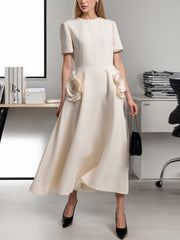 Elegant Floral Applique Short Sleeves Midi Dress