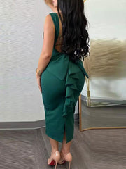 Sexy Deep V Sleeveless Backless Bow Slit Dress