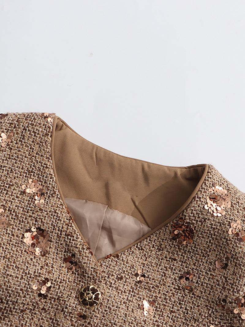 Sleeveless Sequin Vest Patchwork Mesh Skirt Set
