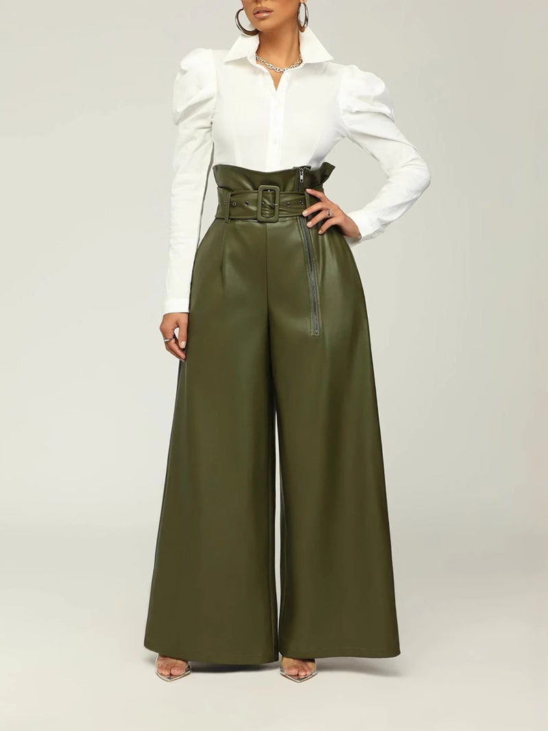 PU Leather Zipper Wide Leg Pants