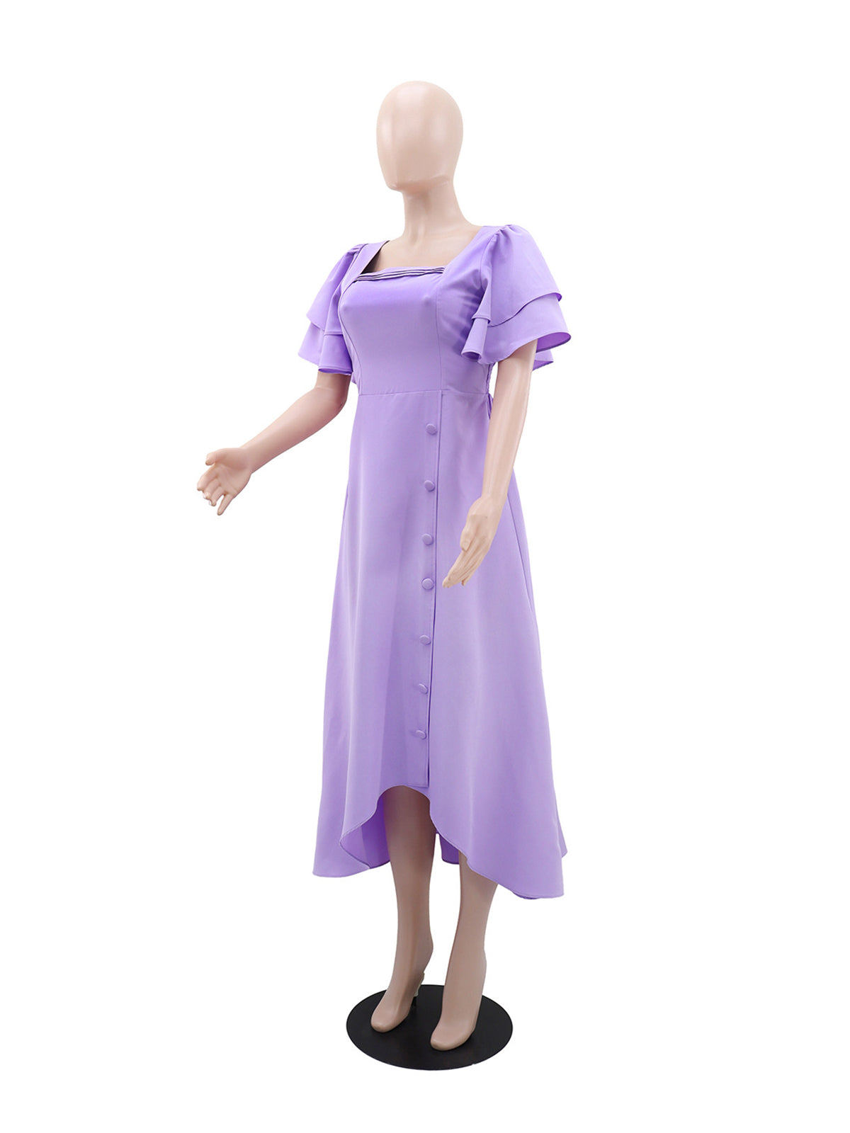 Casual Square Collar Ruffles Sleeve Cinched Waist Dress