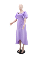 Casual Square Collar Ruffles Sleeve Cinched Waist Dress