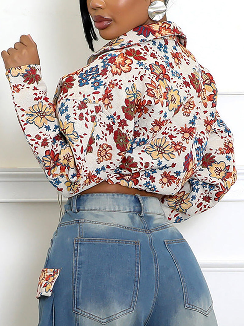 Fashion Floral Print Drawstring Cropped Jacket