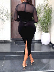 Velvet O Neck Mesh Patchwork Slim Midi Dress