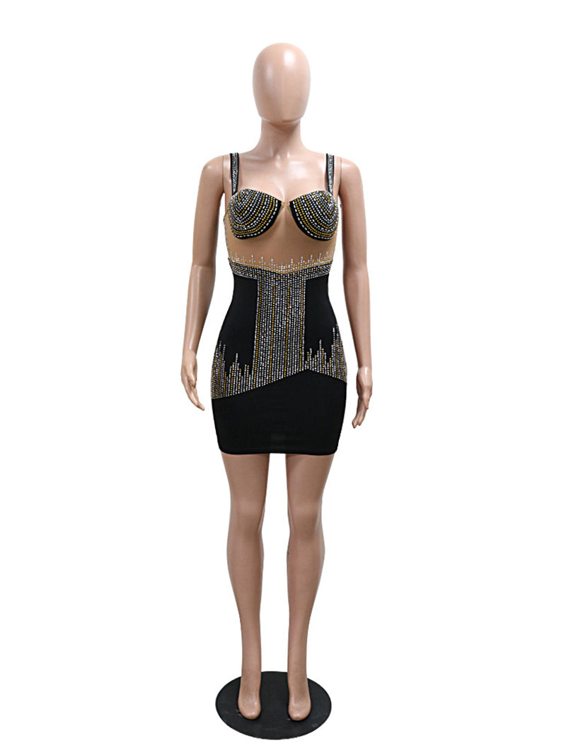 Sexy Mesh Rhinestones Bodycon Mini Dress