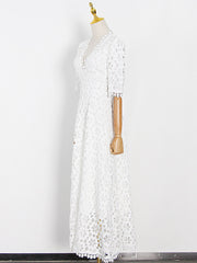 Elegant V Neck Hollow Out Lace Party Maxi Dress