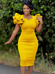 Beaded Ruffle Sleeve Evening Dress