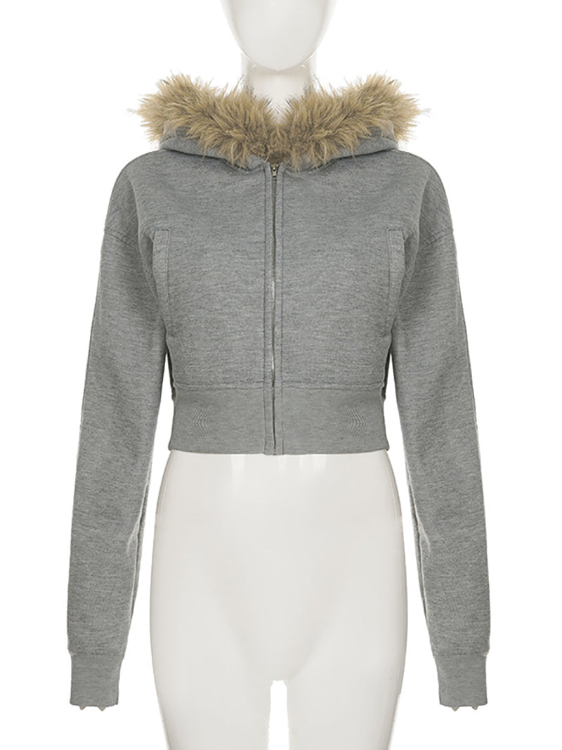 Fashion Faux Fur Zipper Up Cropped Hoodie