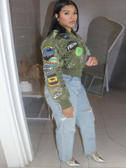 Embroidered Lined Casual Bomber Jacket