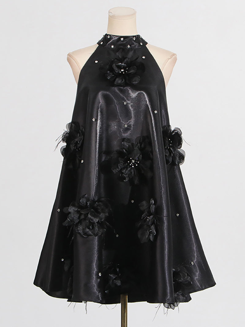 Elegant Halter Flowers Embellishment Diamond Mini Dress