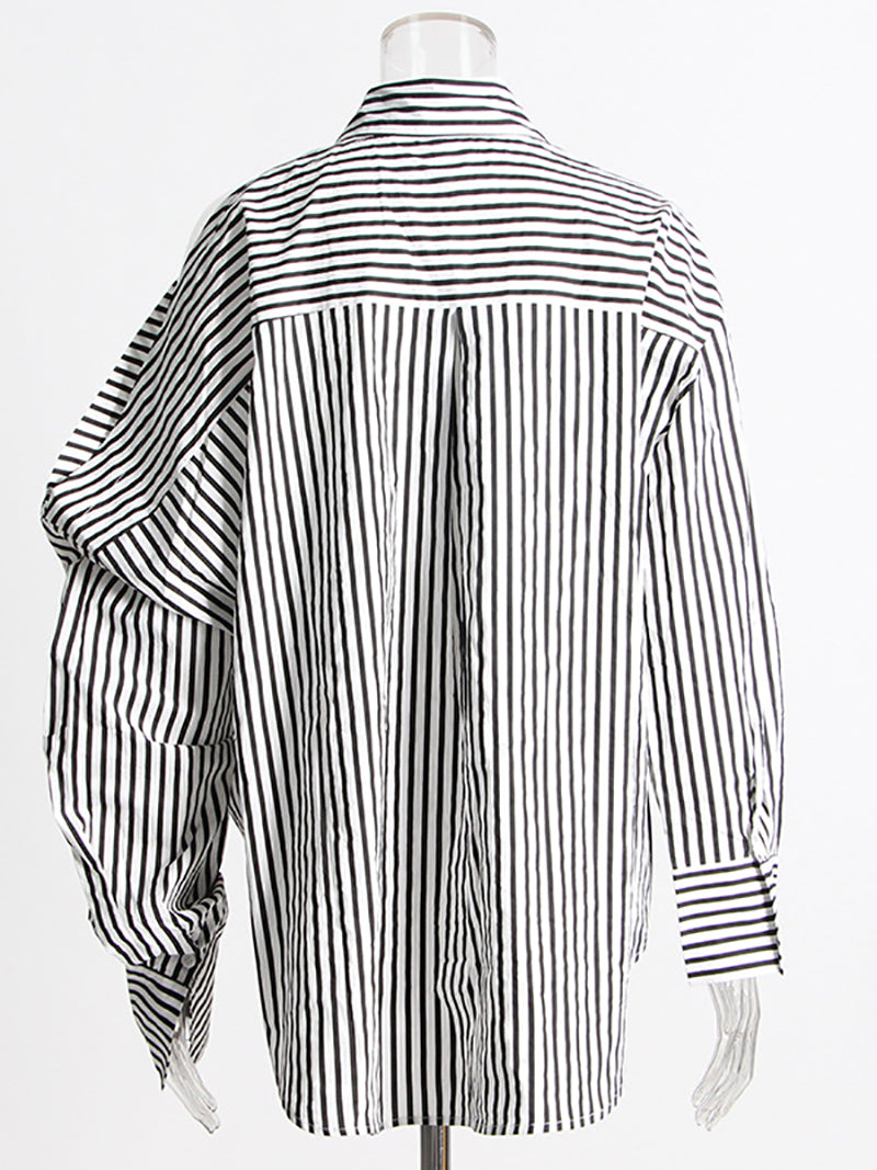 Lapel Off Shoulder Stripe Top And Straight Trousers Set