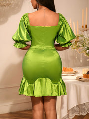 Elegant Sequin Puff Sleeve Ruffle Slim Party Dress