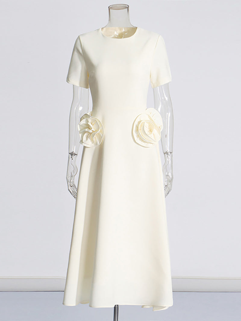 Elegant Floral Applique Short Sleeves Midi Dress