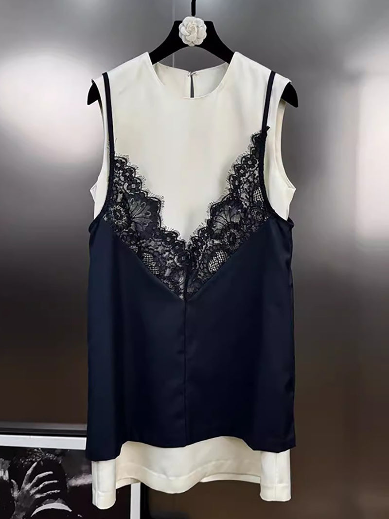 Round Neck Sleeveless Mini Dress Match Lace Vest