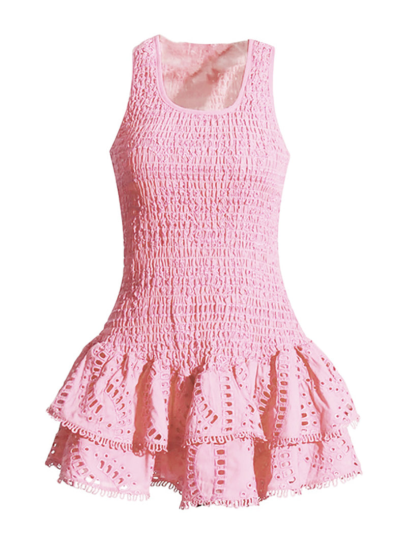 Fashion Sleeveless Embroider Ruffle Mini Dress