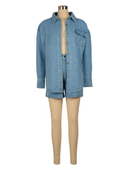 Casual Long Sleeve Denim Jacket And Shorts Two Piece Set