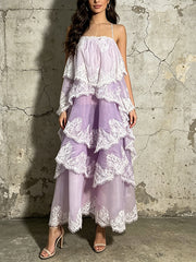 Elegant Spaghetti Strap Lace Maxi Tiered Dress