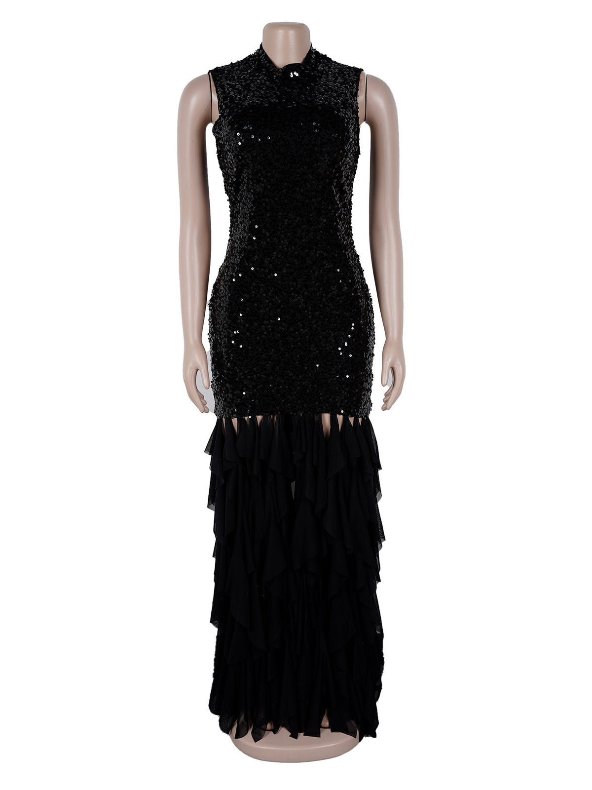 Elegant Sequin Slim Ruffle Mesh Tassel Maxi Dress
