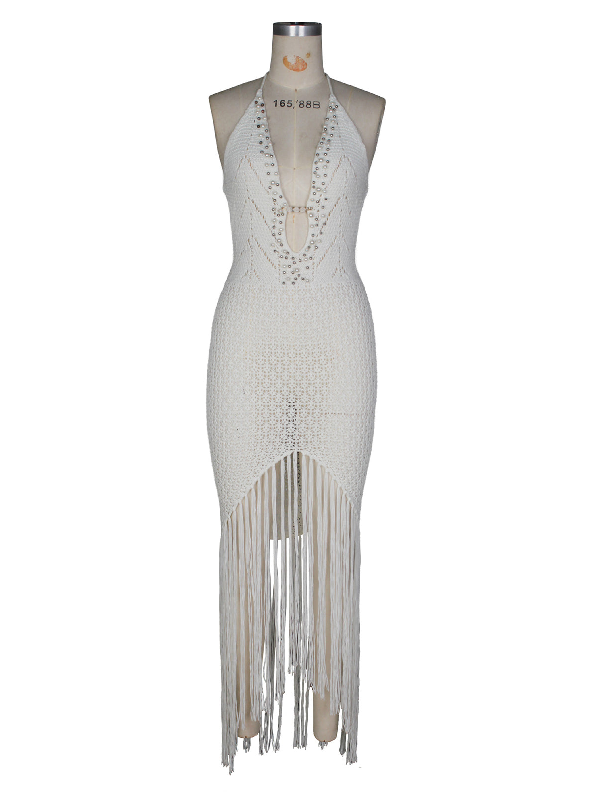 Sexy Deep V Beaded Decoration Knit Fringe Maxi Dress