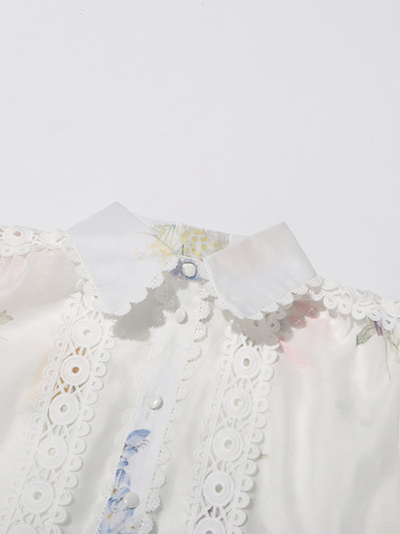 Fashion Print Lapel Puff Sleeve Lace-Up Dress