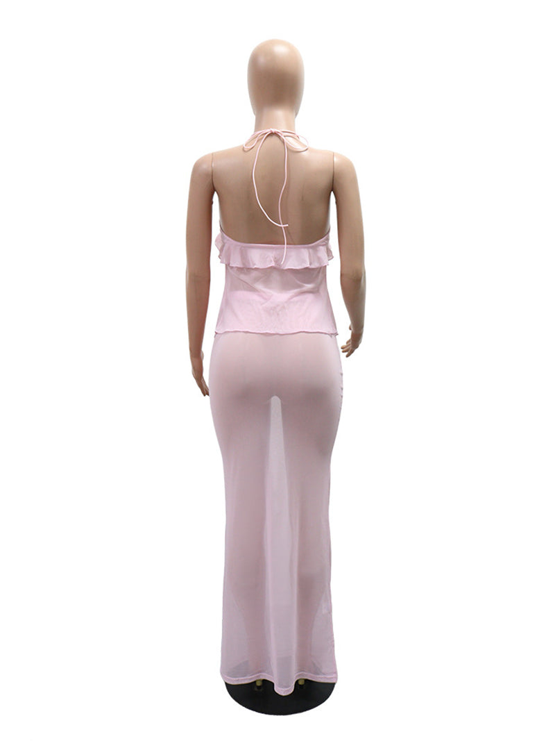Sexy Asymmetric Sheer Mesh Long Skirt Two Piece Set