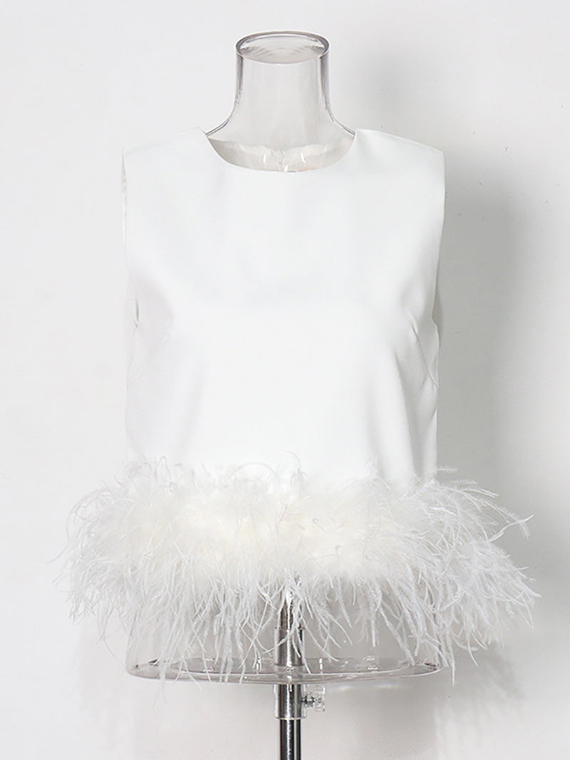 Fashion Round Neck Sleeveless Feather Design Vest Top