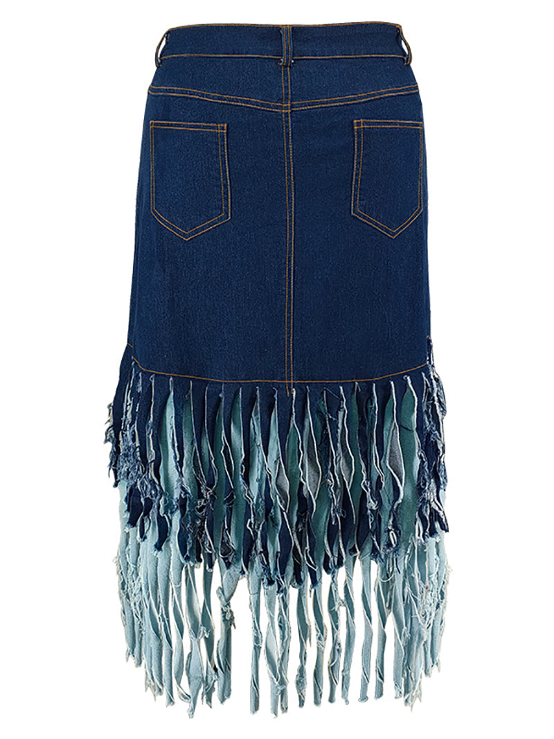 Plus Size Layered Tassel Trim Denim Skirt