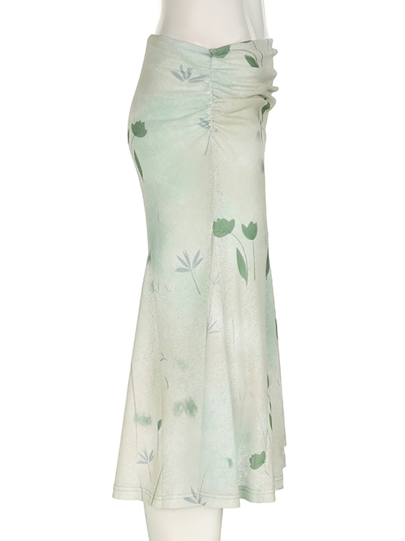 Low Rise Midi Skirt Green Floral Midi Skirt