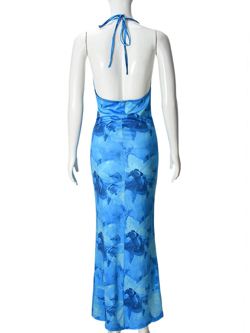 Elegant Print Halterneck Slim Maxi Dress