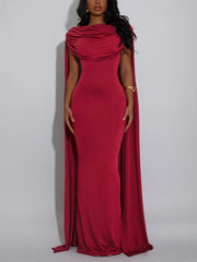 Elegant Pleated Cape Sleeve Evening Gown