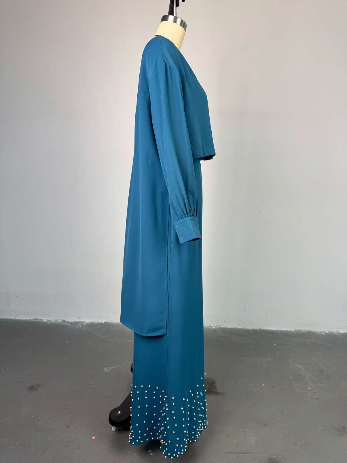 O Neck Crop Top and Pearls Decor Wide Leg Pants Set