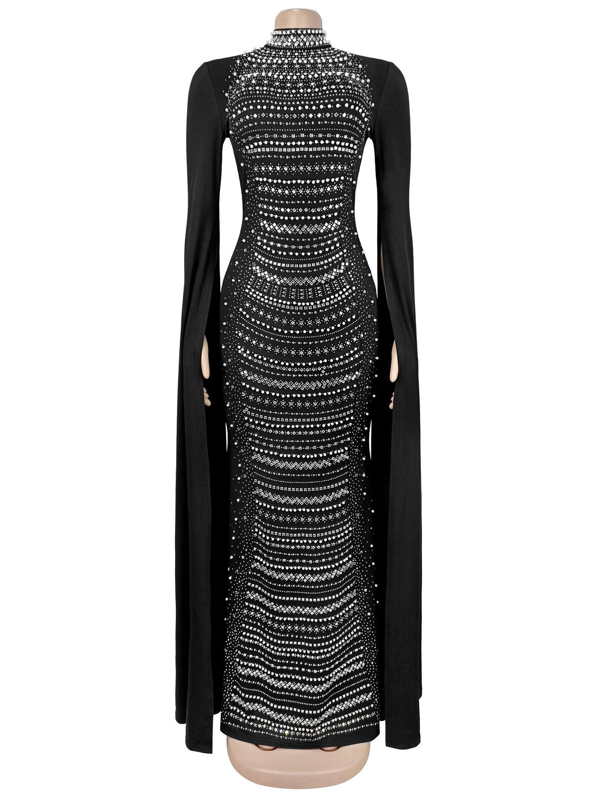 Rhinestone Embellished Stand Collar Cape Cloak Evening Gown