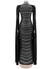 Rhinestone Embellished Stand Collar Cape Cloak Evening Gown