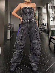 Sexy Strapless Multi-pocket Denim Jumpsuit