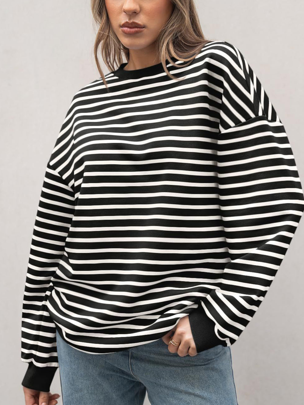Casual Round Collar Stripe Oversized Sweatshirt