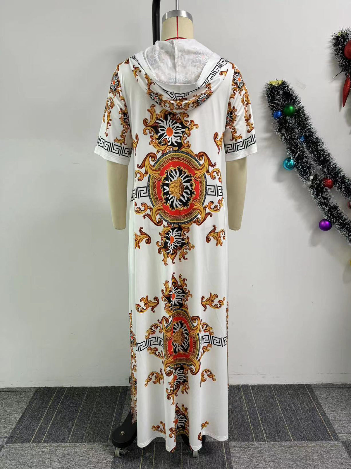 Casual Print Hooded Short Sleeve Split Maxi Dress