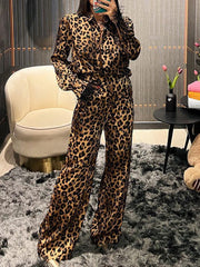 Leopard Print Patchwork Feather Long Sleeve 2 Piece Set