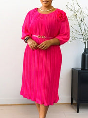 Elegant Plus Size Round Neck Pleated Cut Dress