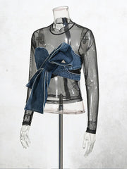 Sexy Denim Bow Patchwork See-through Mesh Top