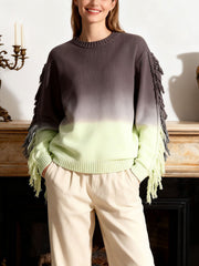 Casual Gradient Color Long Sleeve Fringe Knit Sweater